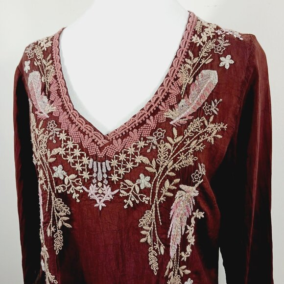 Johnny Was, Burgundy Brown Embroidered Boho Chic Top, Lt. Wt., Semi-Sheer, Small - Picture 6 of 16
